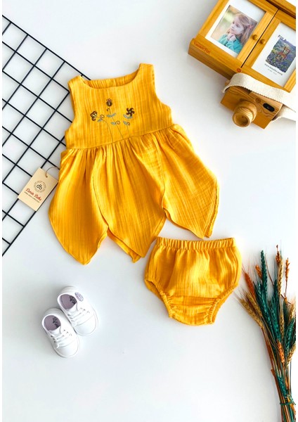 Neşeli Bebekler Kilotlu Nakışlı Desen Peri Elbise Sarı