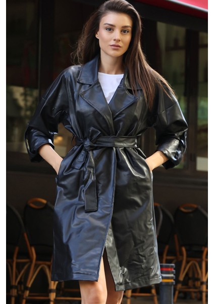 Kuşaklı Suni Deri Trençkot - Siyah Kadın Yaka Tipi ile Şık Tasarım