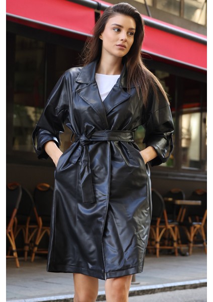 Kuşaklı Suni Deri Trençkot - Siyah Kadın Yaka Tipi ile Şık Tasarım fiyatları