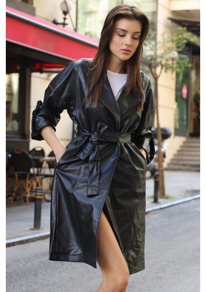 Kuşaklı Suni Deri Trençkot - Siyah Kadın Yaka Tipi ile Şık Tasarım modelleri