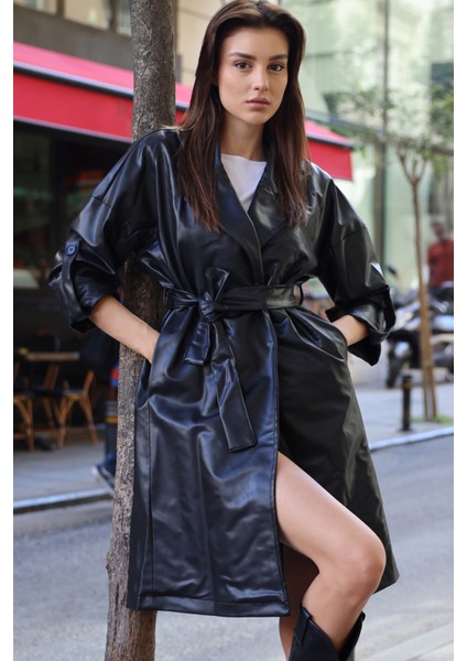 Kuşaklı Suni Deri Trençkot - Siyah Kadın Yaka Tipi ile Şık Tasarım indirimleri