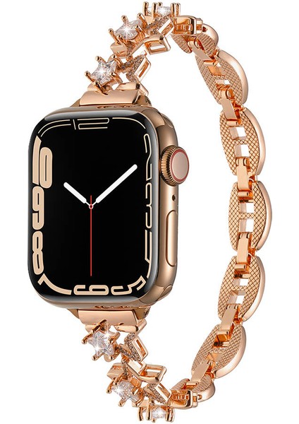 Megafox Teknoloji Apple Watch 3/38-40-Uyumlu Kordon Metal Parlak Taşlı Şık Luxury Kayış, Rose Gold