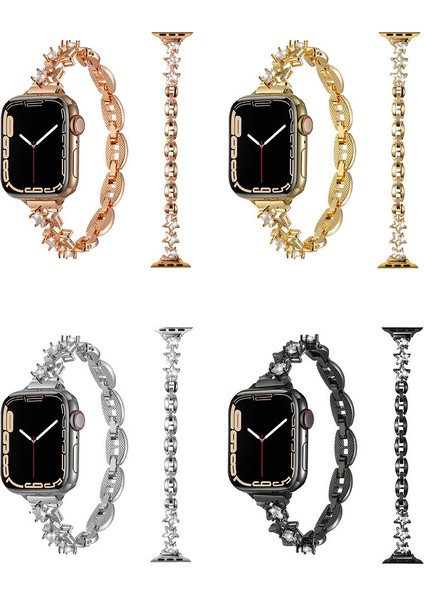 Megafox Teknoloji Apple Watch 3/38-40-Uyumlu Kordon Metal Parlak Taşlı Şık Luxury Kayış, Rose Gold