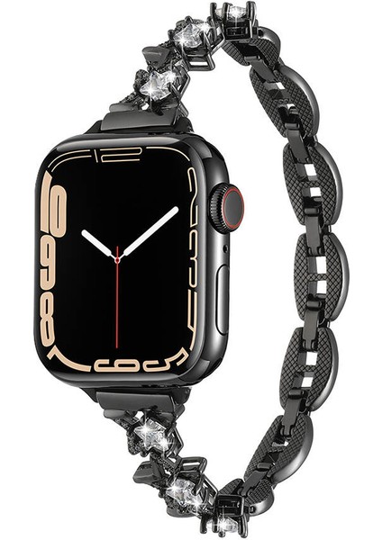 Megafox Teknoloji Apple Watch 3/38-40-Uyumlu Kordon Metal Parlak Taşlı Şık Luxury Kayış, Siyah