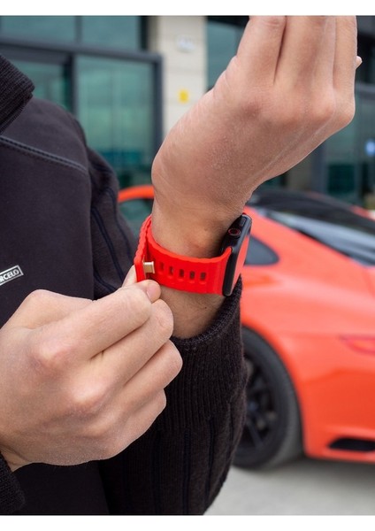 Apple Watch 2/3/Ultra Uyumlu Kordon Silikon Metal Tokalı Kayış, Kırmızı fırsatları