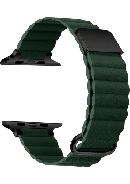 Apple Watch 2/3/4/5/6/7/8 Se 38-40-Uyumlu Kordon Deri Mıknatıslı Metal Tokalı Kayış, Koyu Yeşil