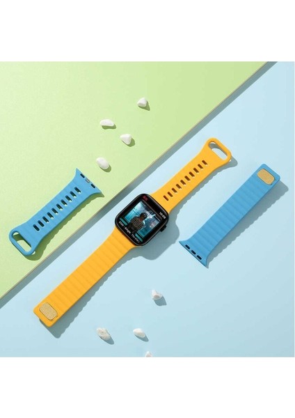 Apple Watch 2/3/Ultra Uyumlu Kordon Silikon Metal Tokalı Kayış, Sarı fırsatları