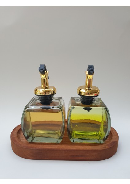Ahşap Stantlı Şeffaf 2'li 150ML Zeytinyağı Sosluk Yağlık Yağdanlık Gold Başlık