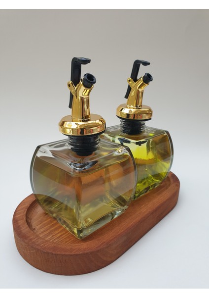 Ahşap Stantlı Şeffaf 2'li 150ML Zeytinyağı Sosluk Yağlık Yağdanlık Gold Başlık fiyatları