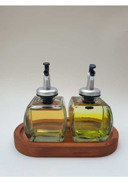 Ahşap Stantlı Şeffaf 2'li 150ML Zeytinyağı Sosluk Yağlık Yağdanlık Gümüş Başlık