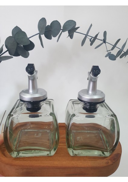 Ahşap Stantlı Şeffaf 2'li 150ML Zeytinyağı Sosluk Yağlık Yağdanlık Gümüş Başlık modelleri