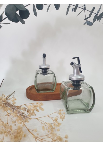 Ahşap Stantlı Şeffaf 2'li 150ML Zeytinyağı Sosluk Yağlık Yağdanlık Gümüş Başlık fırsatları