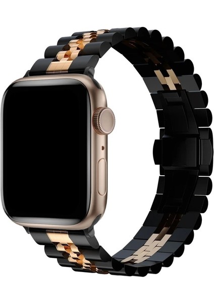 Apple Watch 2/3/4/5/6/7/8/se 38-40-Uyumlu Kordon Paslanmaz Metal Klipsli Rolex Kayış, Siyah-Rose