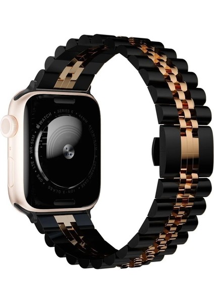 Apple Watch 2/3/4/5/6/7/8/se 38-40-Uyumlu Kordon Paslanmaz Metal Klipsli Rolex Kayış, Siyah-Rose