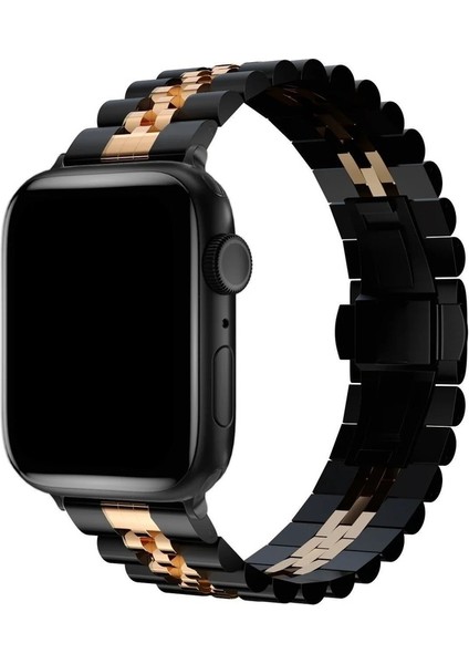 Apple Watch 2/3/4/5/6/7/8/se 38-40-Uyumlu Kordon Paslanmaz Metal Klipsli Rolex Kayış, Siyah-Rose