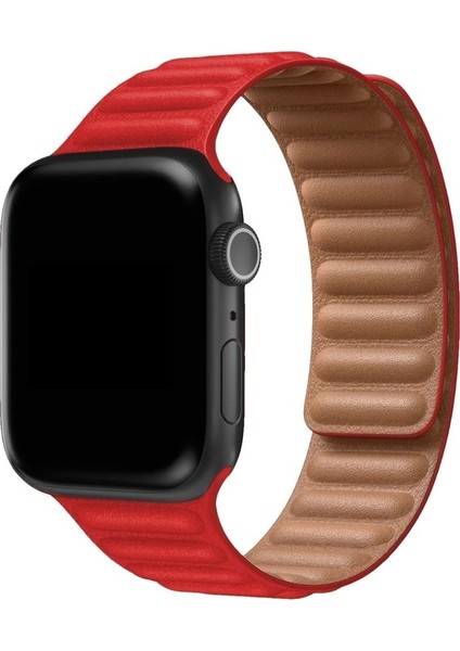 Apple Watch 2/3/Ultra Uyumlu Kordon Suni Deri Mıknatıslı Kayış, Kırmızı