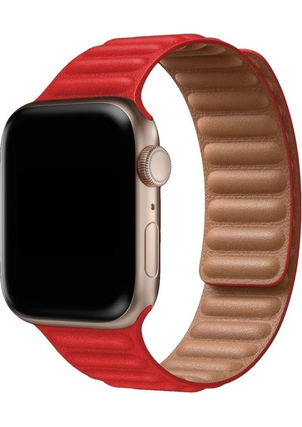 Apple Watch 2/3/Ultra Uyumlu Kordon Suni Deri Mıknatıslı Kayış, Kırmızı
