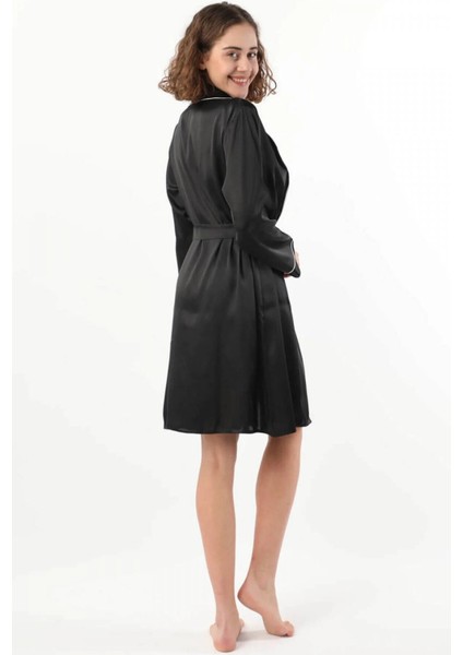 Kadın Siyah Saten Çeyiz Seti 6 Parça Beyaz Biyeli Sabahlık Gecelik Pijama Şortlu Takım 8630 S