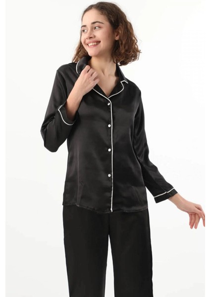 Kadın Siyah Saten Çeyiz Seti 6 Parça Beyaz Biyeli Sabahlık Gecelik Pijama Şortlu Takım 8630 S fiyatları