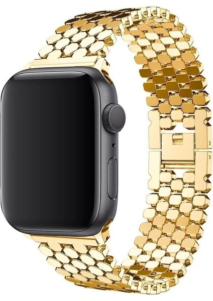 Apple Watch Seri 2/3/4/5/6/7/8 Se 38-40-Uyumlu Kordon Deri Metal Klipsli Şık Kayış, Gold