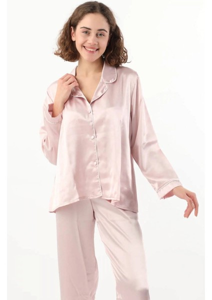 Kadın Pudra Saten Çeyiz Seti 6 Parça Beyaz Biyeli Sabahlık Gecelik Pijama Şortlu Takım 8630 S