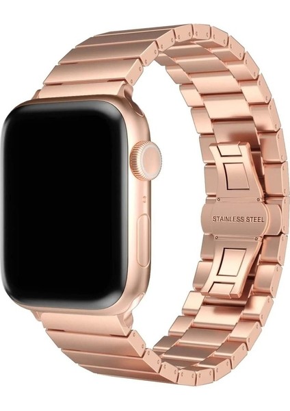 Apple Watch 3/Ultra Uyumlu Kordon Metal Paslanmaz Klipsli Kayış, Rose Gol
