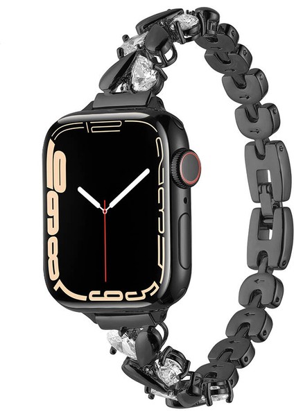 Apple Watch 3/38-40- Uyumlu Kordon Paslanmaz Metal Şık Taşlı Luxury Kayış, Siyah