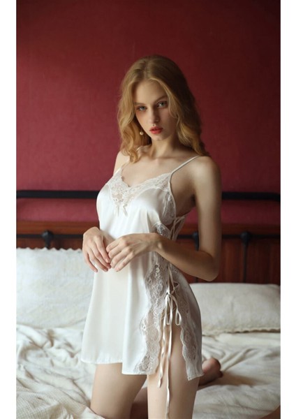 Ekru Yandan Bağcıklı Saten Babydoll 3379 Xl