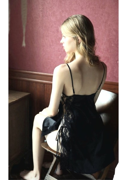 Yandan Bağcıklı Siyah Saten Babydoll Gecelik 3379 S fiyatları