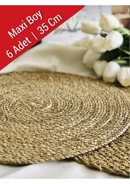 6lı Maxi Boy 35 cm Hasır Supla Örgü Amerikan Servis Tabak Tava Tencere Altlığı Bambu Servis Sunum