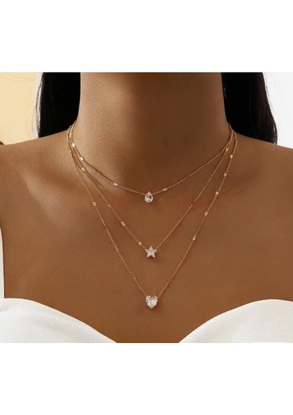 Kristal Zirkon Kalp Yıldız Katmanlı Kolye