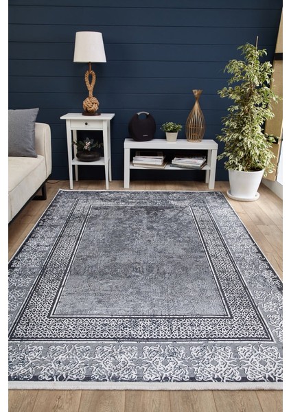 Gri Salon&yolluk Dijital Baskılı Makinede Yıkanabilir Kaymaz Taban Saçaklı Halı HA408