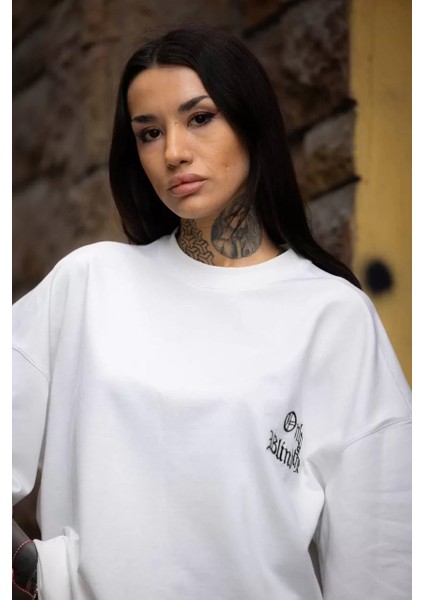 Unisex Bisiklet Yaka Baskılı Oversize T-Shirt - Beyaz modelleri