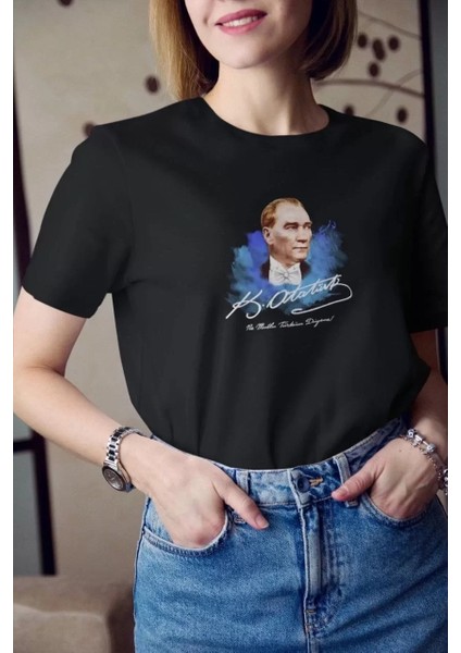 Unisex Bisiklet Yaka Baskılı Oversize T-Shirt - Siyah