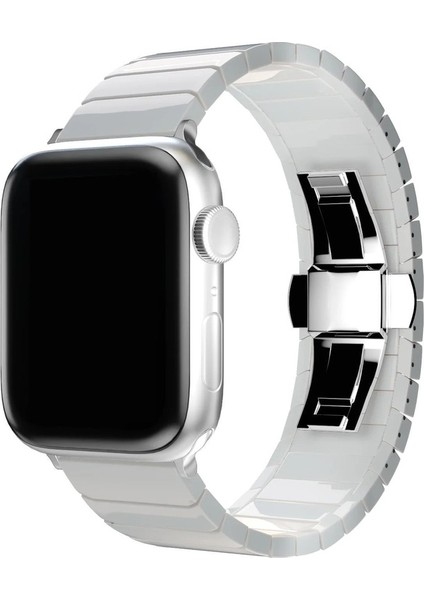 Apple Watch Ultra Uyumlu Kordon Paslanmaz Seramik Metal Kayış, Beyaz