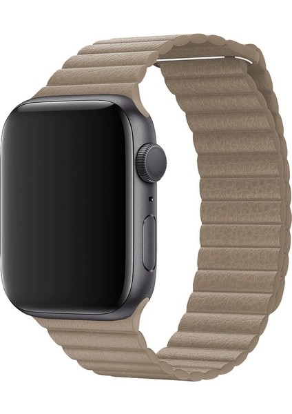 Apple Watch 2/3/4/5/6/7/8/9/se Ultra Uyumlu Kordon Suni Deri Mıknatıslı Kayış, Gold