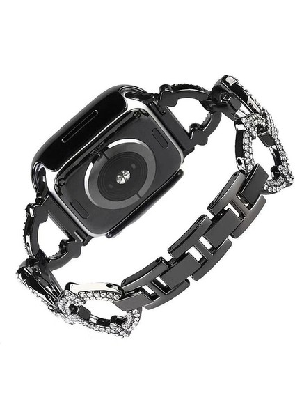Apple Watch 2/3/Ultra Uyumlu Kordon Paslanmaz Metal Taşlı Kayış, Siyah