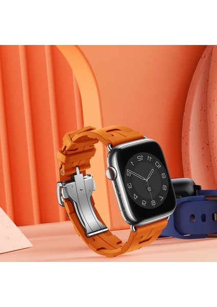 Apple Watch Seri 3/42-44- Uyumlu Kordon Silikon Metal Pimli Tokalı Kayış, Koyu Kır