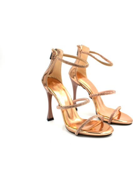 (Shoes) Taş Biye Detaylı 3 Bant Topuklu Kadın Ayakkabı Ros