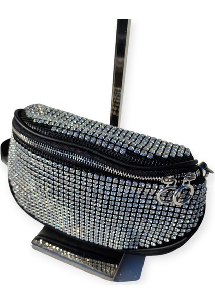 Siyah-Silver Abiye Taşlı Çapraz (Crossbody) Kadın Çantası