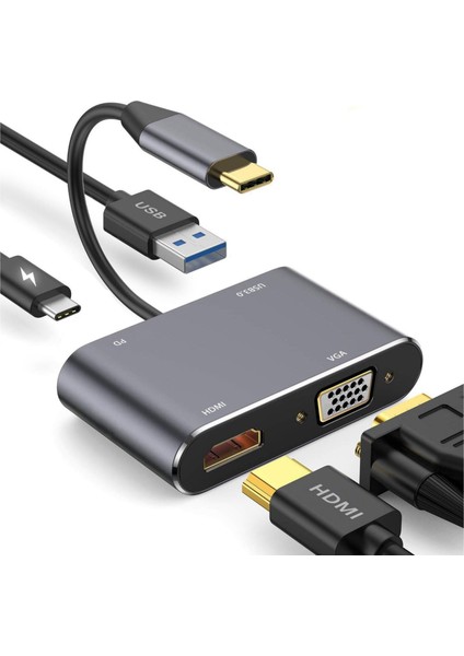 Macbook Uyumlu Type-C™ To 4K Ultra Hd 1080P Hdmı/ Vga/ Pd Şarj/ USB 3.0 4ın1 Çevirici Hub Adaptör