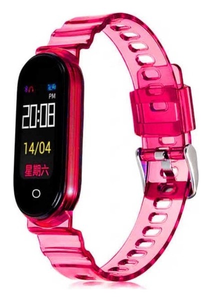 Xiaomi Mi Band 5 / Mi Band 6 Uyumlu Kordon Silikon Transparan Şeffaf Renkli Spor Bileklik, Pembe