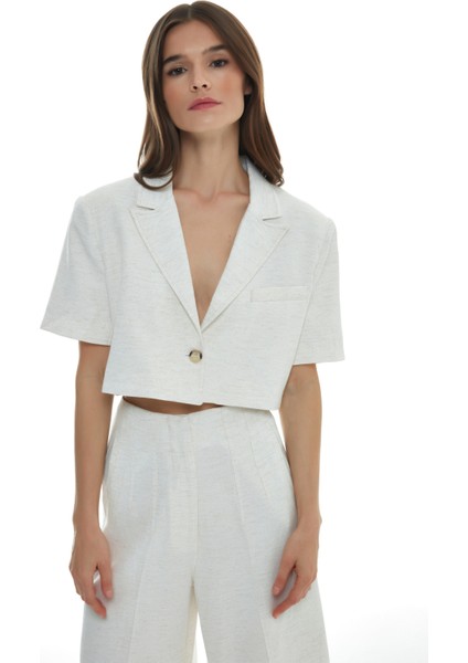 Keten Crop Blazer Ceket Kemik