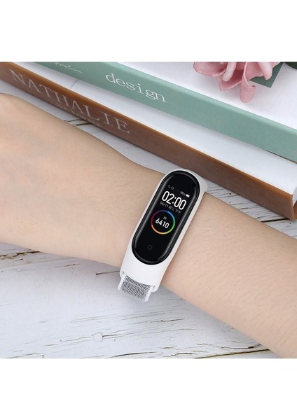 Xiaomi Mi Band 3 / Mi Band 4 Uyumlu Kordon Hasır Örgü Işlemeli Spor Yumuşak Kayış, Beyaz