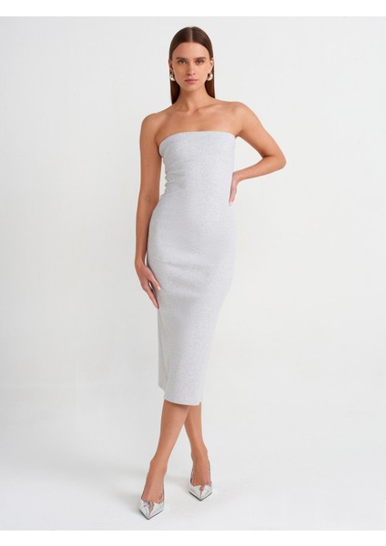91127 Straplez Midi Elbise-Gri Melanj