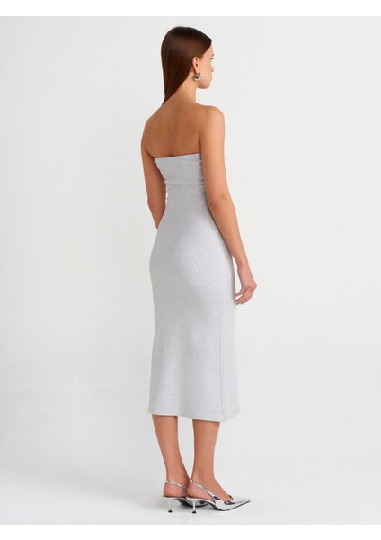 91127 Straplez Midi Elbise-Gri Melanj