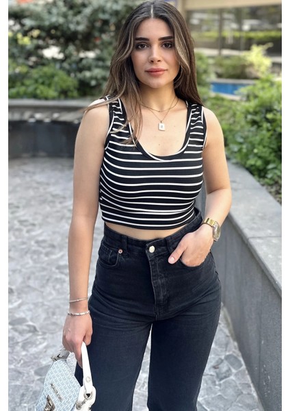 Siyah &beyaz Çizgili, Dar Kesim, Yuvarlak Yaka, Terletmez, Crop Bluz & Atlet