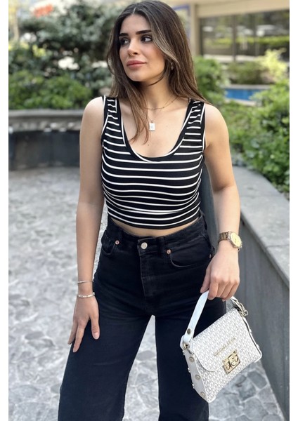 Siyah &beyaz Çizgili, Dar Kesim, Yuvarlak Yaka, Terletmez, Crop Bluz & Atlet