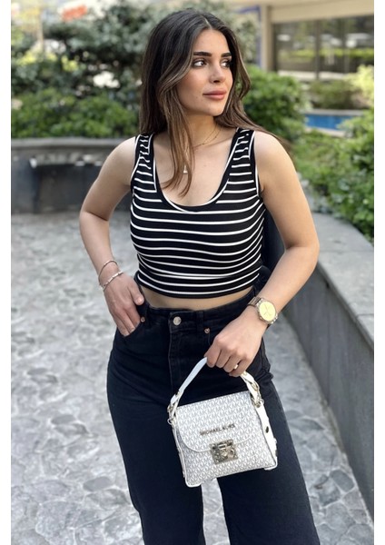 Siyah &beyaz Çizgili, Dar Kesim, Yuvarlak Yaka, Terletmez, Crop Bluz & Atlet