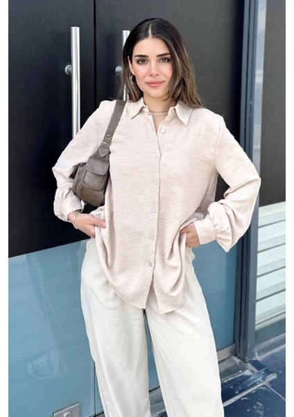 Kadın Bej Dokulu Kumaş, Uzun, Balon Kollu, Rahat Kesim, Pamuklu Gömlek fiyatları